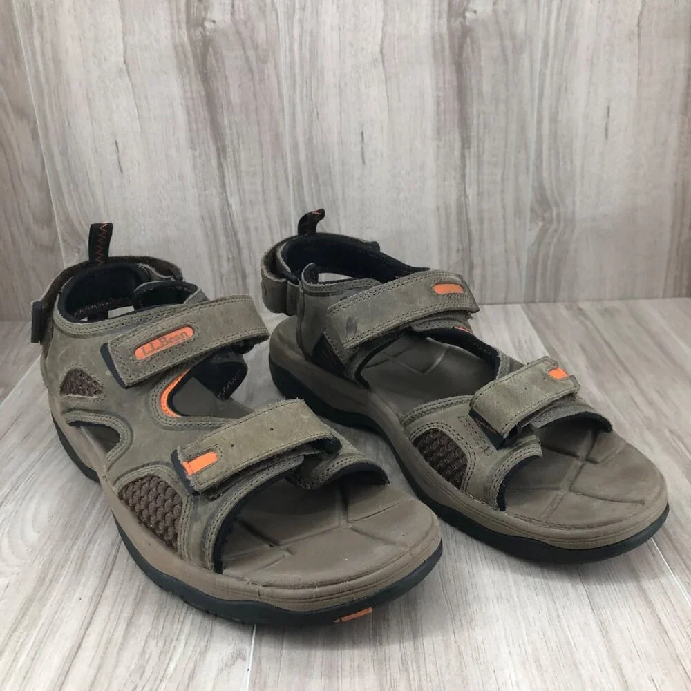 LL Bean Sandals Mens 9.5 Taupe Leather Hook and Loop Shoes